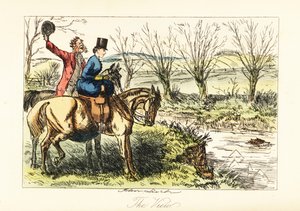 Chasseur anglais et dame regardant un renard nager à travers une rivière - John (after) Leech