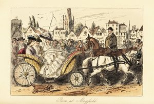 Dame anglaise en robe crinoline avec un parasol conduisant un panier tiré par un poney dans les rues animées d
