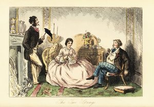 Dame en robe crinoline avec deux gentlemen dans un salon