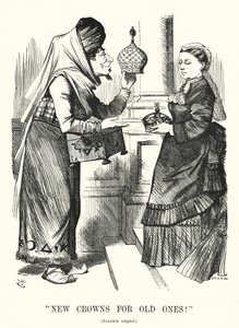 Caricature de Punch : Nouvelles couronnes pour les anciennes. Benjamin Disraeli (comme Aladdin) avec la reine Victoria - l