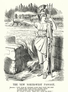 Caricature de Punch : Le nouveau passage du Nord-Ouest - le chemin de fer Canadien Pacifique - John (after) Tenniel