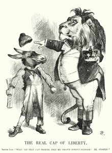 Caricature de Punch : Le véritable bonnet de la liberté - la supériorité de la monarchie constitutionnelle britannique sur le républicanisme (gravure)