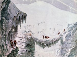 Ascension du Mont Blanc, alpinistes suspendus à une crevasse, aquarelle, France - Walter Charles Mills