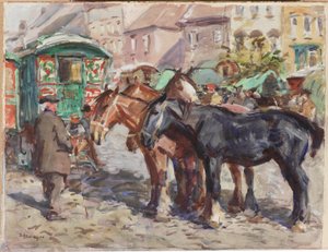 Cheval noir avec des maisons en arrière-plan