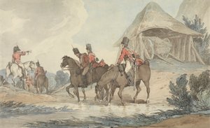Cavaliers traversant un ruisseau, rassemblés par un trompettiste - John Augustus Atkinson