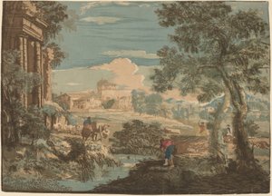 Paysage héroïque avec pêcheur, vaches et cavaliers - John Baptist Jackson after Marco Ricci