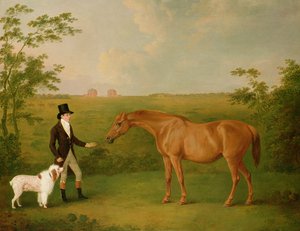 Un gentleman avec un chien blanc et une jument alezane dans un paysage