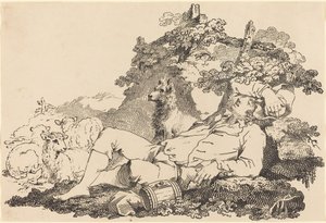Berger avec chien et moutons