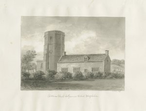 Dilhorne - Église et école secondaire : dessin sépia