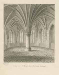 Intérieur de la cathédrale de Lichfield - Bibliothèque au-dessus de la salle capitulaire : dessin sépia - John Buckler