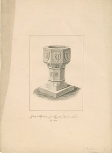 Lancashire - Église de Waddington - Fonts baptismaux (dessin sépia, 1808) - John Buckler