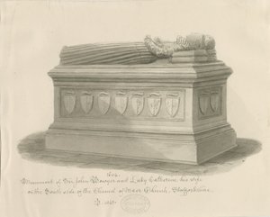 Église de Maer - Monument à Sir John Bowyer et Lady Catherine : dessin au lavis sépia, 1843 - John Buckler