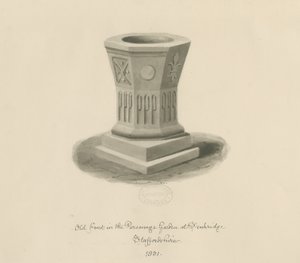 Penkridge - Fonts baptismaux dans le jardin du presbytère : dessin sépia - John Buckler