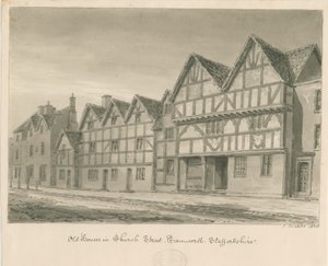 Tamworth - Vieilles maisons dans Church Street : dessin au lavis sépia, 1838