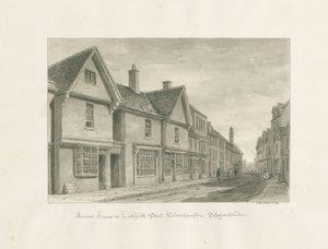 Wolverhampton - Maisons anciennes dans la rue de Lichfield : dessin sépia - John Buckler