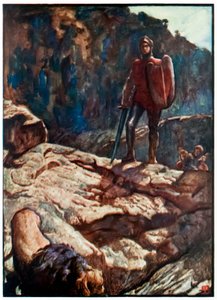 "Grand-cœur repousse le lion" de "Le Voyage du Pèlerin de ce monde à celui qui est à venir" par John Bunyan - John Byam Liston Shaw