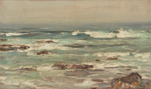 Vagues se brisant sur une côte déserte - John Campbell Mitchell