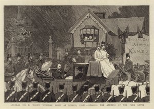 Accueil du général Sir E Wood à Belhus, Essex, lecture de l