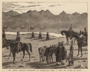 La campagne afghane, déportation des Sirdars en Inde, une halte pour la prière au coucher du soleil