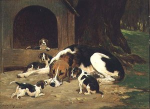 Une chienne Foxhound avec sa portée