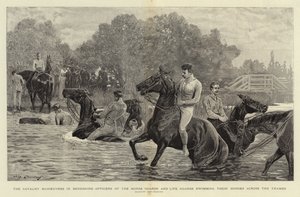 Les manœuvres de cavalerie dans le Berkshire, officiers des Horse Guards et Life Guards traversant la Tamise à la nage