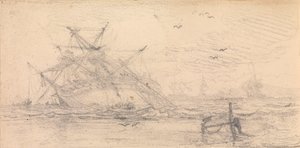 Un navire à deux ponts échoué sur une plage - John Christian Schetky