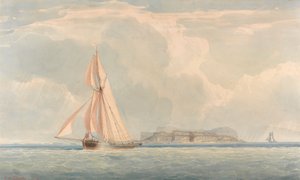 Bateau naviguant vers la gauche avec île en arrière-plan