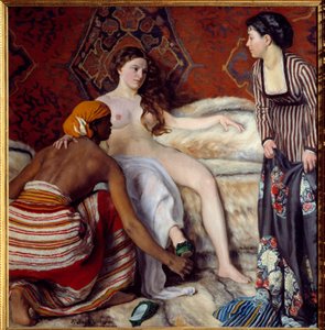 Orientalisme : La toilette. Une jeune femme blanche assistée de ses deux servantes fait sa toilette. Peinture par Frédéric Bazille 1869 Montpellier, Musée Fabre - John Clayton Adams