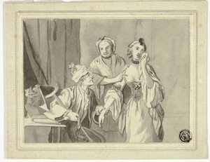Illustration littéraire : Vieil homme détenant une jeune femme, qui est accompagnée d