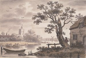 Scène de rivière avec église, cottage et moulin à vent - John Collet