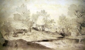 Étang du Suffolk, avec des cottages au loin - John Constable