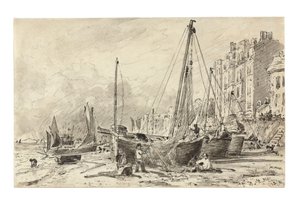 Bateaux de pêche échoués avec des pêcheurs réparant des filets sur la plage à Brighton, regardant vers l
