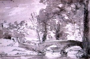 Pont avec arbres et bâtiments, à Haddon - John Constable