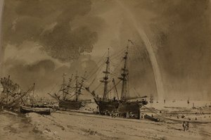 Plage de Brighton avec un arc-en-ciel : déchargement des colliers, vers 1792 (aquarelle sur papier)