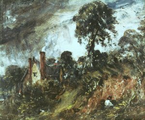 Cottage parmi les arbres avec une dune de sable - John Constable
