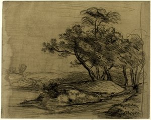 Rive avec arbres (recto) ; Troupeau de bovins sous les arbres, avec croquis du paysage en médaillon (verso)