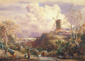 Moulin à vent sur une colline avec des conducteurs de bétail