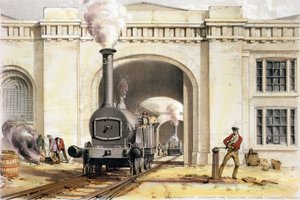 Entrée de la maison des locomotives, Camden Town, gravée par l