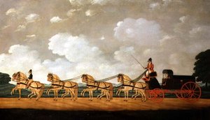 Le fourgon de Sa Majesté avec une équipe de huit rouans sur la route