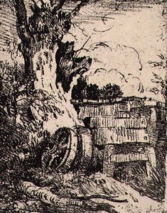Roues de charrette près d