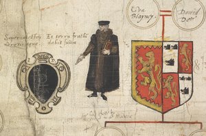 Détail du rouleau généalogique de la descendance de John Dee montrant sa parenté avec les souverains de la maison Tudor - John Dee