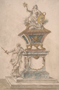 Monument : La paix assise sur une urne, un homme avec une épée dégainée debout sur la base du monument - John Devoto