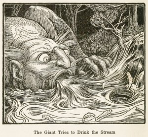 Le Géant essaie de boire le ruisseau, du livre de contes d