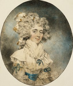 Portrait de Mme Fisher, demi-longueur, en robe blanche ornée de rubans bleus - John Dowman