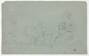 Bas-Relief Antique avec Garçon Assis Tenant un Faucon et Accompagné de Chien, Mouton et Chèvres - John Downman