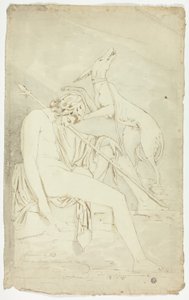 Ancien bas-relief du chasseur endormi et du chien
