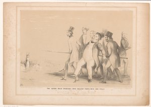 Caricature de sept hommes attaquant un lièvre avec une lance (The seven bold Swabians: - who sallied forth with one spear, HB Sketches)