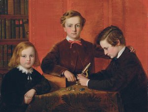 Les jeunes microscopistes : Portrait de Frank, Harry et Arthur Izod Richards, âgés de 10, 8 et 5 ans, jouant avec un microscope - John Edgar Williams