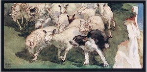 Bobtail sheepdog et troupeau sur des falaises, illustration de 