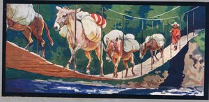 Des ânes transportent des provisions sur un pont de corde, illustration de 